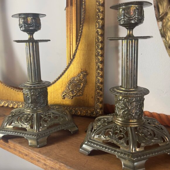 Antique Ornate Brass Candlestick Holders Cherubs Baroque Victorian Mantle 8” - Picture 1 of 14